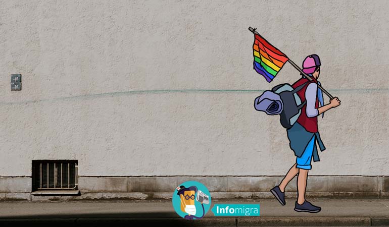 LANZAN MOVILH-MIGRANTE PARA PROMOVER Y DEFENDER DERECHOS DE EXTRANJEROS/AS LGBTIQ+ EN CHILE. graffiti de persona migrante con bandera LGBTI+